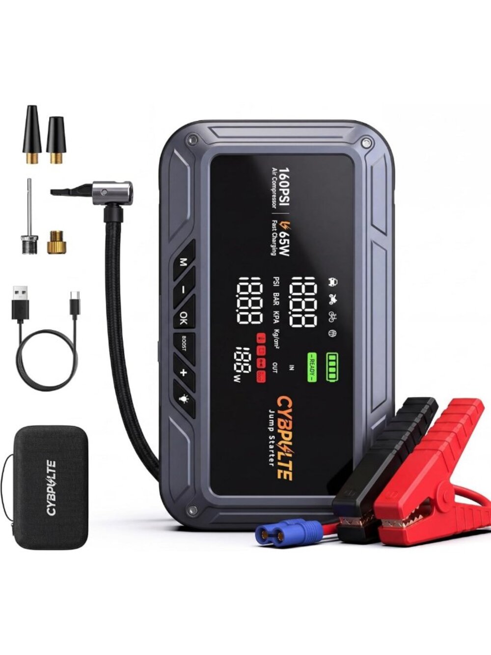 Powerful Jump Starter & Air Compressor 8000A, 160 PSI, USB-C Fast Charging